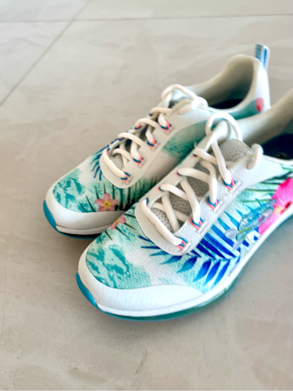 Skechers Memory Foam Floral Tropical Print Women's Sneakers - Teal & White - Picture 2 of 9